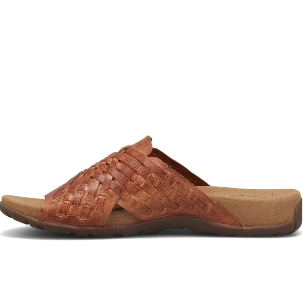 Taos Footwear Cognac Tan Woven Leather Slide Sandal